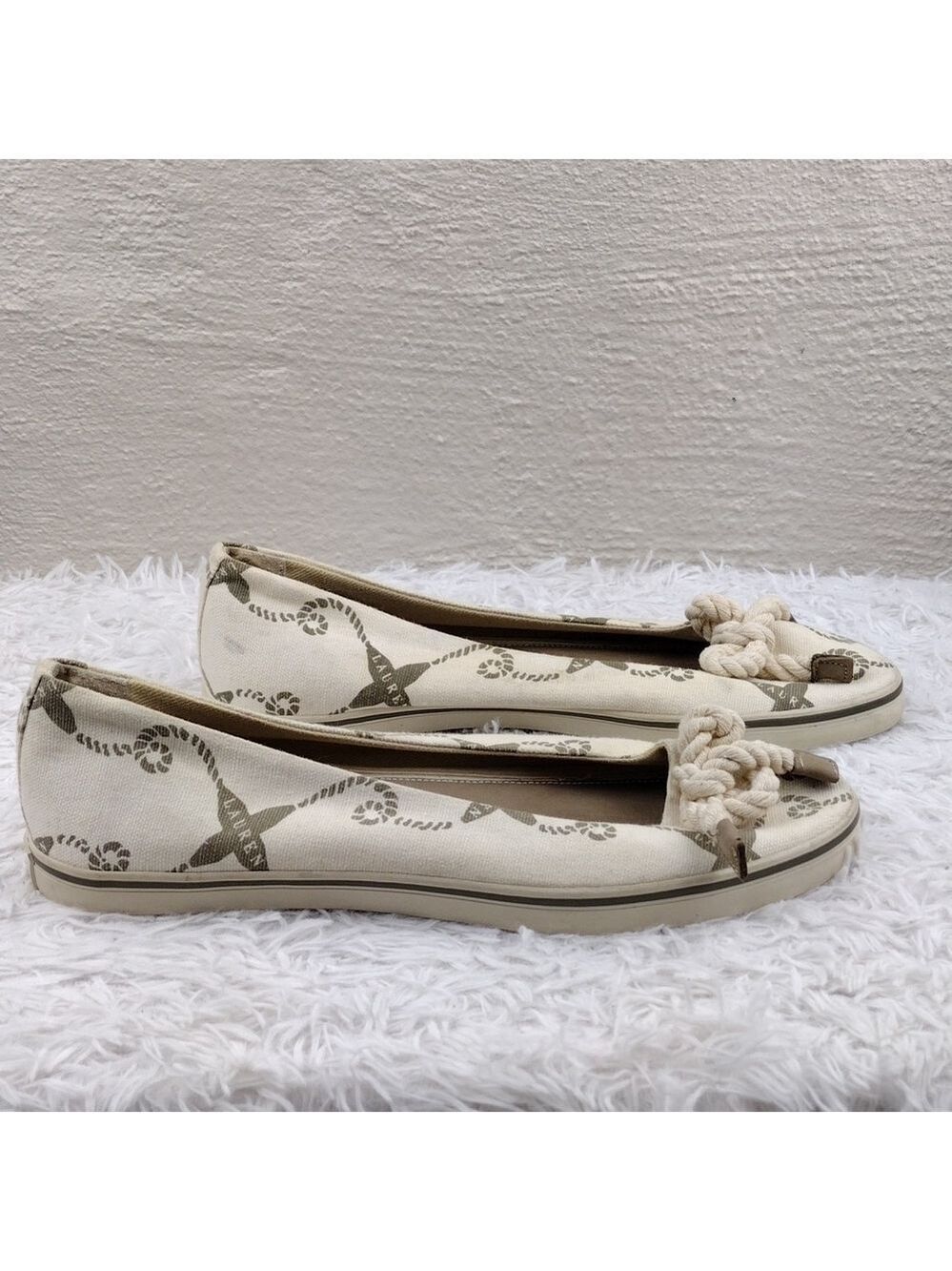 LAUREN Ralph Lauren Emilia Cream Canvas Nautical Slip On Flats 802077018 - Picture 2 of 14